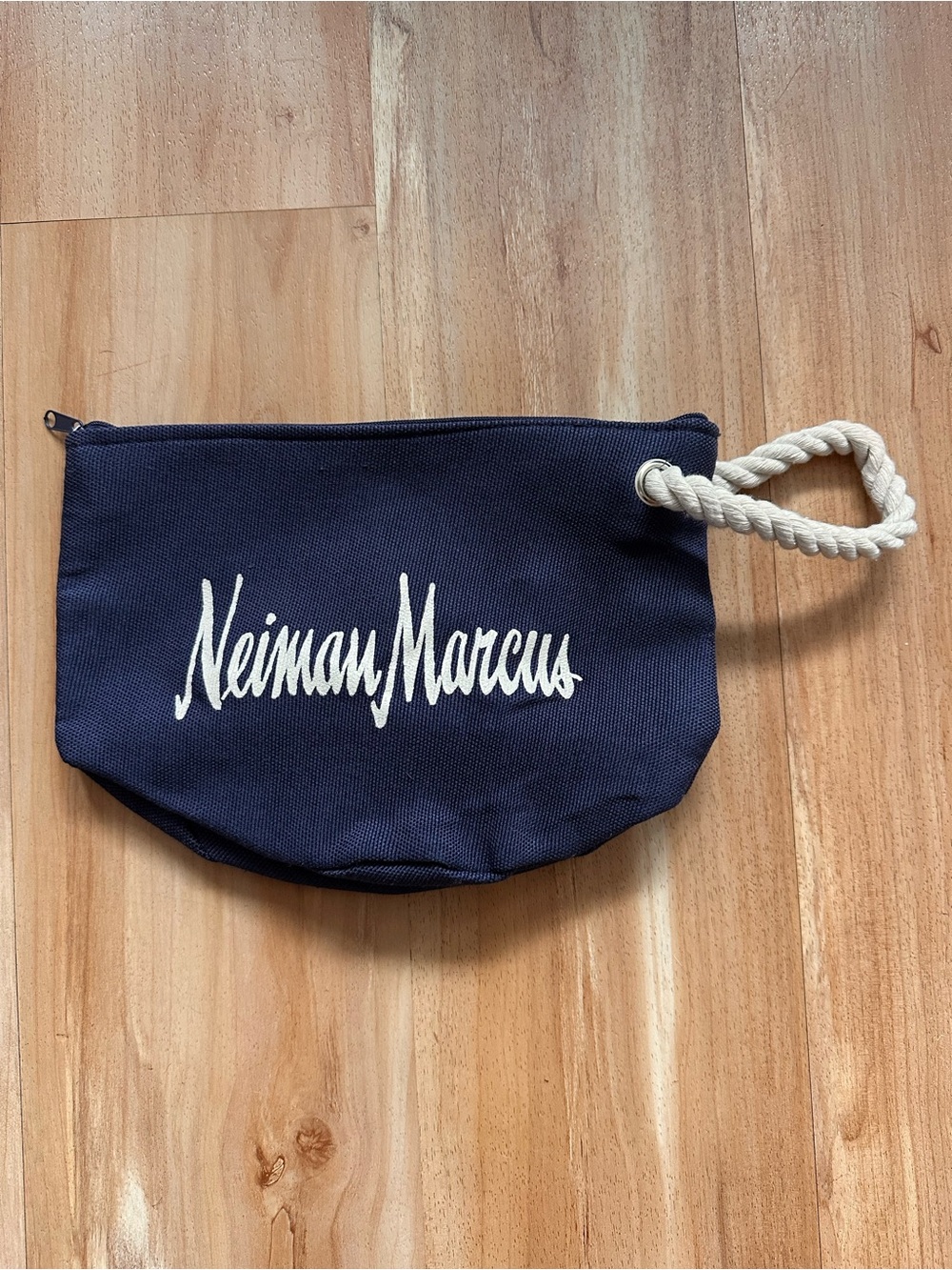 Neiman Marcus Cosmetic Bag Case Navy with White Logo and Rope Strap RARE!